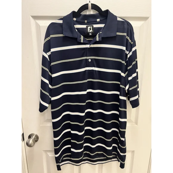 FootJoy FJ Golf Polo Shirt Stretch Men's Size Large Blue Yellow White Striped - Picture 2 of 10